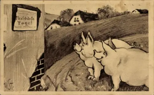 Künstler Ak Zwei Schweine, Fleischlose Tage Aushang