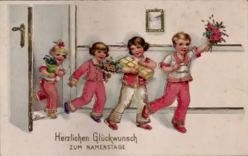 Ak Glückwunsch Namenstag, Gratulanten, Geschenke