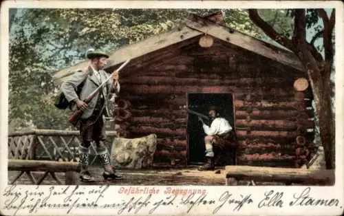 Ak Gefährliche Begegnung, Männer mit Gewehren in Tracht