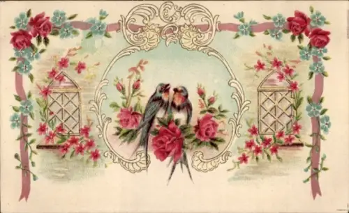Präge Ak Rotkehlchen, Rosen