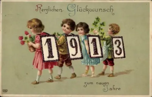 Präge Ak Glückwunsch Neujahr, Kleeblatt, Kinder, Jahreszahl 1913