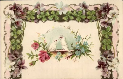 Präge Ak Weiße Brieftauben, Klee, Rosen