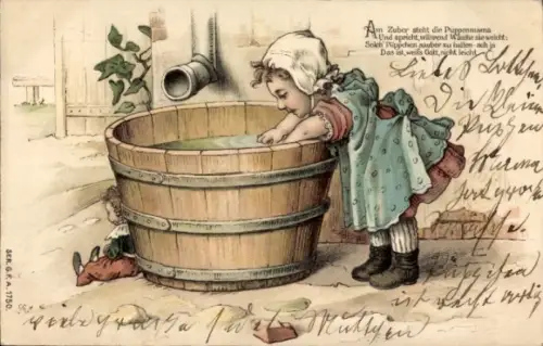 Litho Am Zuber steht die Puppenmama, Mädchen wäscht Wäsche