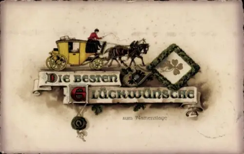 Ak Glückwunsch Namenstag, Kutsche, Glücksklee