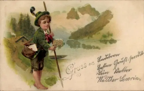 Litho Junge als Wanderer im Gebirge, Blumenstrauß, Brief