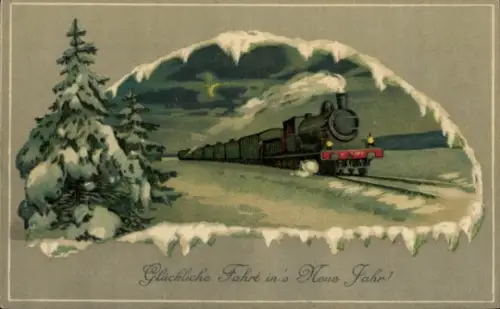 Präge Ak Glückwunsch Neujahr, Eisenbahn, Tannenbaum