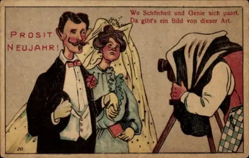 Ak Glückwunsch Neujahr, Brautpaar, Fotograf, Wo Schönheit und Genie sich paart...