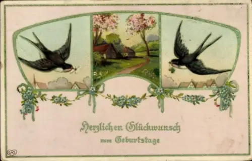 Präge Ak Glückwunsch Geburtstag, Dorfidyll, Schwalben, Klee