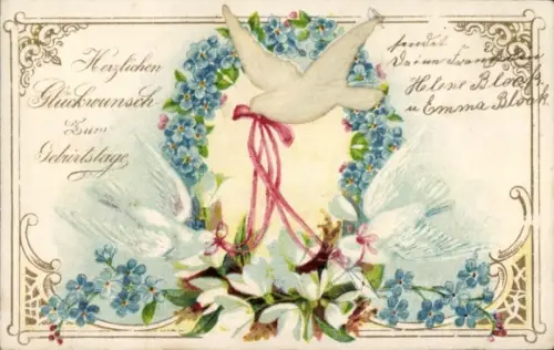 Ak Glückwunsch Geburtstag, weiße Tauben, Blumen