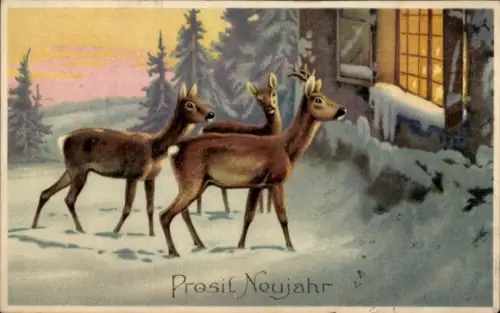 Präge Ak Glückwunsch Neujahr, Rehe vor dem Haus