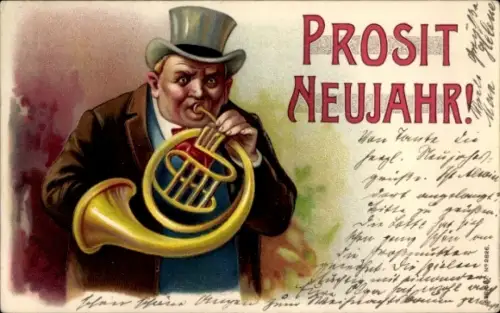 Präge Ak Glückwunsch Neujahr, Mann mit Trompete