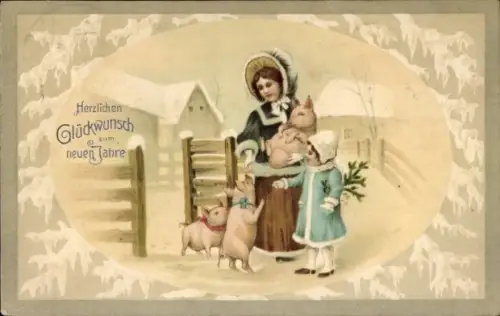 Präge Ak Glückwunsch Neujahr, Mutter mit Tochter, Schweine