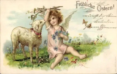 Litho Glückwunsch Ostern, Engel mit Lamm