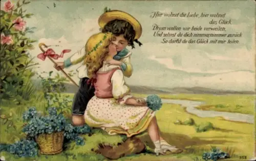 Präge Ak Hier wohnet die Liebe, hier wohnet das Gluck, Paar beim Kuss