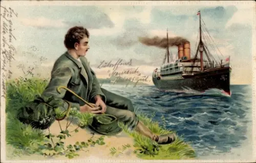 Präge Ak Mann beobachtet einen Dampfer, Wanderer