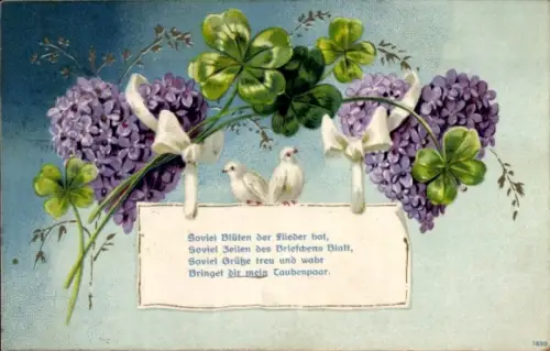 Präge Ak Weiße Tauben, Klee, Veilchen