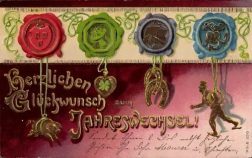 Präge Ak Glückwunsch Neujahr, Kleeblatt, Hufeisen, Schornsteinfeger