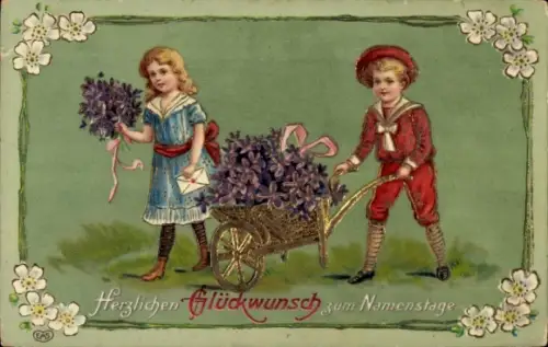 Glitzer Ak Glückwunsch Namenstag, Kinder, Veilchen