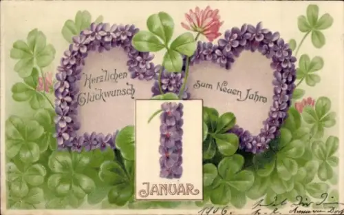 Präge Ak Glückwunsch Neujahr, Kalender, Blumen, Glücksklee