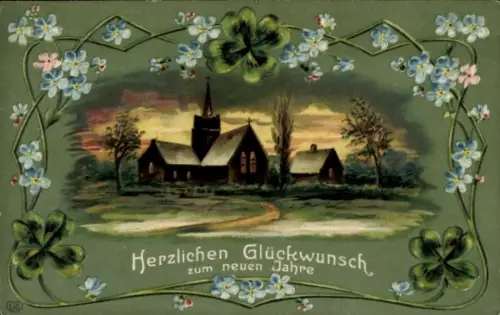 Präge Passepartout Ak Glückwunsch Neujahr, Kirche, Vergissmeinnicht, Glücksklee