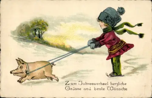 Ak Glückwunsch Neujahr, Mädchen auf Skiern, Schwein
