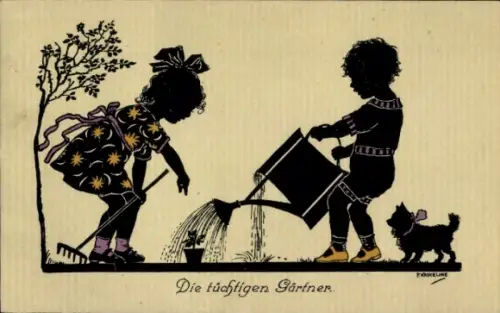 Scherenschnitt Künstler Ak Tüchtige Gärtner, Junge gießt Blumen, Mädchen mit Harke