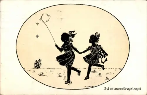 Scherenschnitt Künstler Ak Zwei Mädchen jagen Schmetterlinge