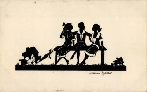 Scherenschnitt Ak Mann und zwei Frauen sitzen auf einer Sitzbank