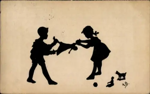 Scherenschnitt Ak Kinder streiten sich um eine Puppe