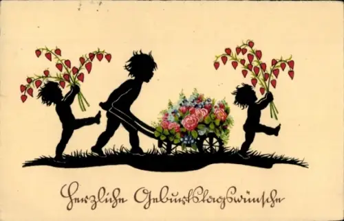 Scherenschnitt Ak Glückwunsch Geburtstag, Kinder, Blumen