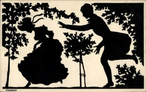 Scherenschnitt Ak Haschen, Frau flieht vor einem Kavalier