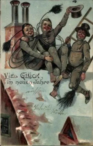 Ak Glückwunsch Neujahr, Schornsteinfeger, Kinder, Dach