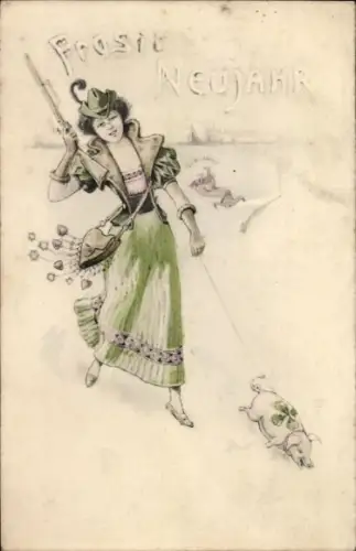 Ak Glückwunsch Neujahr, junge Frau mit Gewehr, Schwein