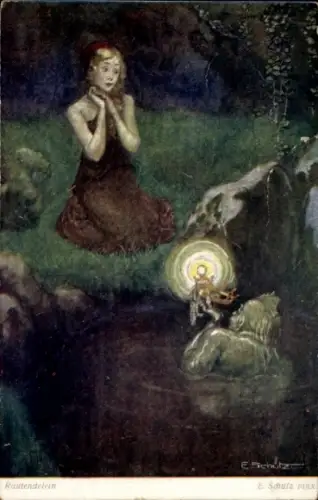 Künstler Ak Schütz, E., Junge frau am Ufer, Wesen im Wasser