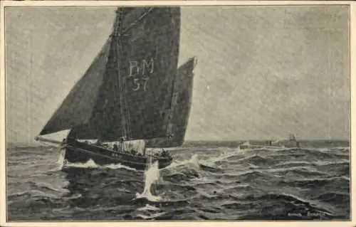 Künstler Ak Bergen C., Deutsches U-Boot hält Boot an 