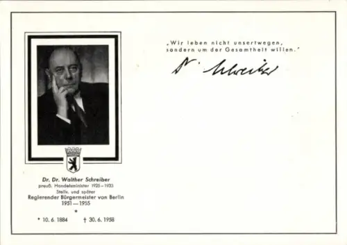 Ak Dr. Dr. Walther Schreiber, Regierender Bürgermeister von Berlin 1951-1955, Trauerkarte Tod 1958