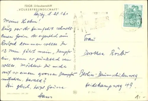 Ak FDGB Urlauberschiff Völkerfreundschaft