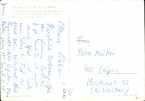 Ak FDGB Urlauberschiff TMS Fritz Heckert