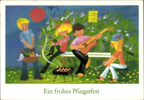 Künstler Ak Glückwunsch Pfingsten, Teenager beim Grillen