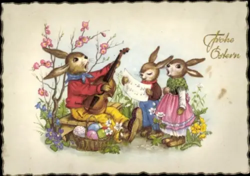 Ak Glückwunsch Ostern, Singende Osterhasen, Ostereier