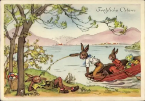 Künstler Ak Glückwunsch Ostern, Osterhasen, Ruderboot