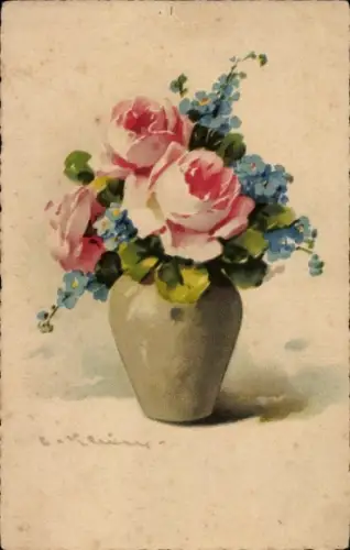 Künstler Ak Klein, Catharina, Fröhliches Neujahr, Blumenvase, Rosen, Vergissmeinnicht