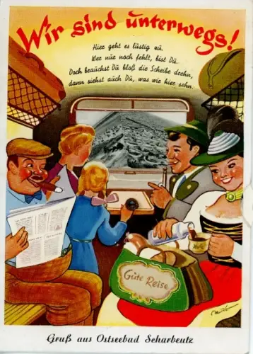 Mechanische Künstler Ak Ostseebad Scharbeutz in Holstein, Reisende im Zug