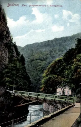 Ak Thale im Harz, Bodetal,  Jungfernbrücke, Königsruhe, Fluss, Berge, Bäume