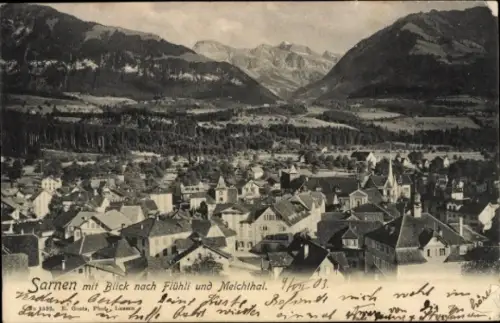 Ak Sarnen Kanton Obwalden, Blick auf  Flühli und Melchthal, Berge im Hintergrund