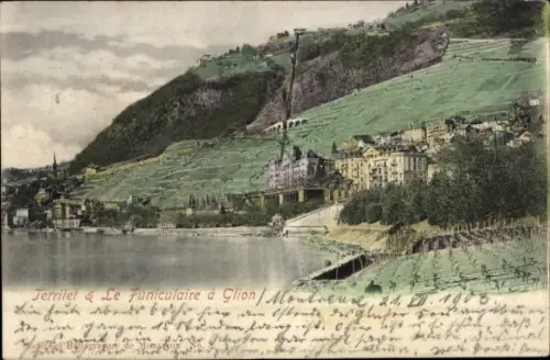 Ak Glion Montreux Kanton Waadt, Landschaft mit Hügeln, Funicular, See,  aus Glion