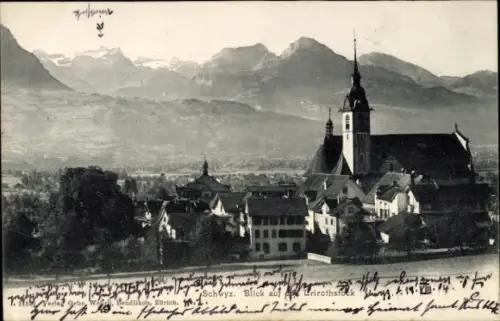 Ak Schwyz Stadt Schweiz, Blick auf  Kirche, Berge,  aus Deutschland