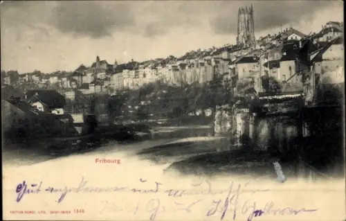 Ak Fribourg Freiburg Stadt Schweiz,  Flusslandschaft, Stadtansicht, Schwarz-Weiß-Foto