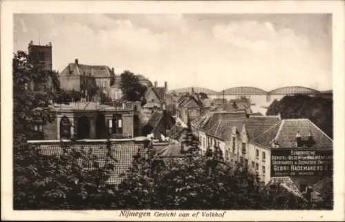 Ak Nijmegen Gelderland,  Blick auf Valkhof, Brücke, Häuser, Werbung