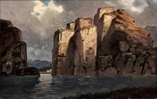 Künstler Ak Norwegen, Fjord, Felswand